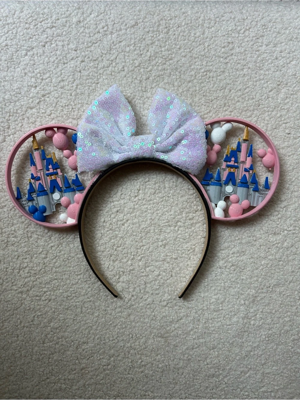 Disney Sequin Bow Castle Ear Headband - Pastel Pink & Iridescent